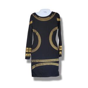 Baluoke | NWT Black/Gold Print Long Sleeve Bodycon Midi Cocktail Dress